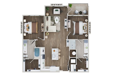 Floor plan for 2 beds, 2 baths, 1193 sqft